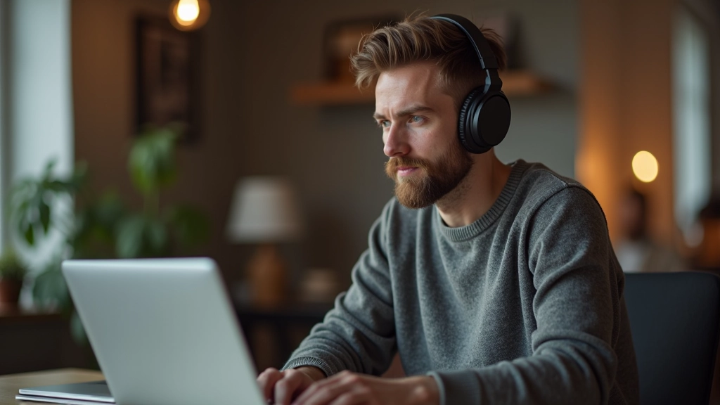 Cilvēks ar austiņām, klausīties tiešsaistes kursus un mācīties jauni prasmes, izmantojot digitālās mācību platformas
